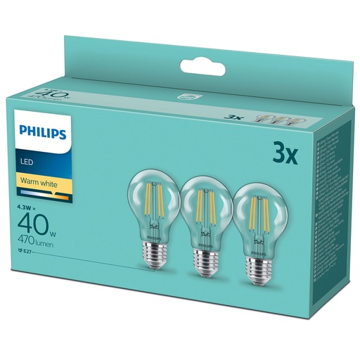 [929001890033] 3-pack LED E27 Normal Klar 40W 470lm