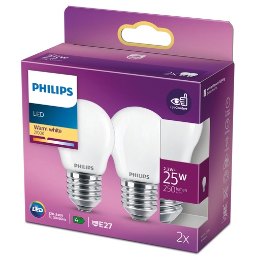 [929001345670] 2-pack LED E27 P45 Klot 25W Frost 250lm